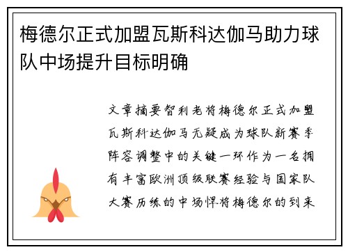 梅德尔正式加盟瓦斯科达伽马助力球队中场提升目标明确 梅德尔正式加盟瓦斯科达伽马助力球队中场提升目标明确