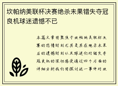 坎帕纳美联杯决赛绝杀未果错失夺冠良机球迷遗憾不已