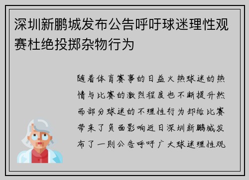 深圳新鹏城发布公告呼吁球迷理性观赛杜绝投掷杂物行为