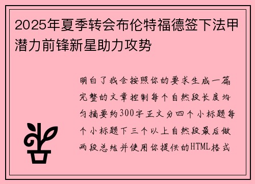 2025年夏季转会布伦特福德签下法甲潜力前锋新星助力攻势 2025年夏季转会布伦特福德签下法甲潜力前锋新星助力攻势